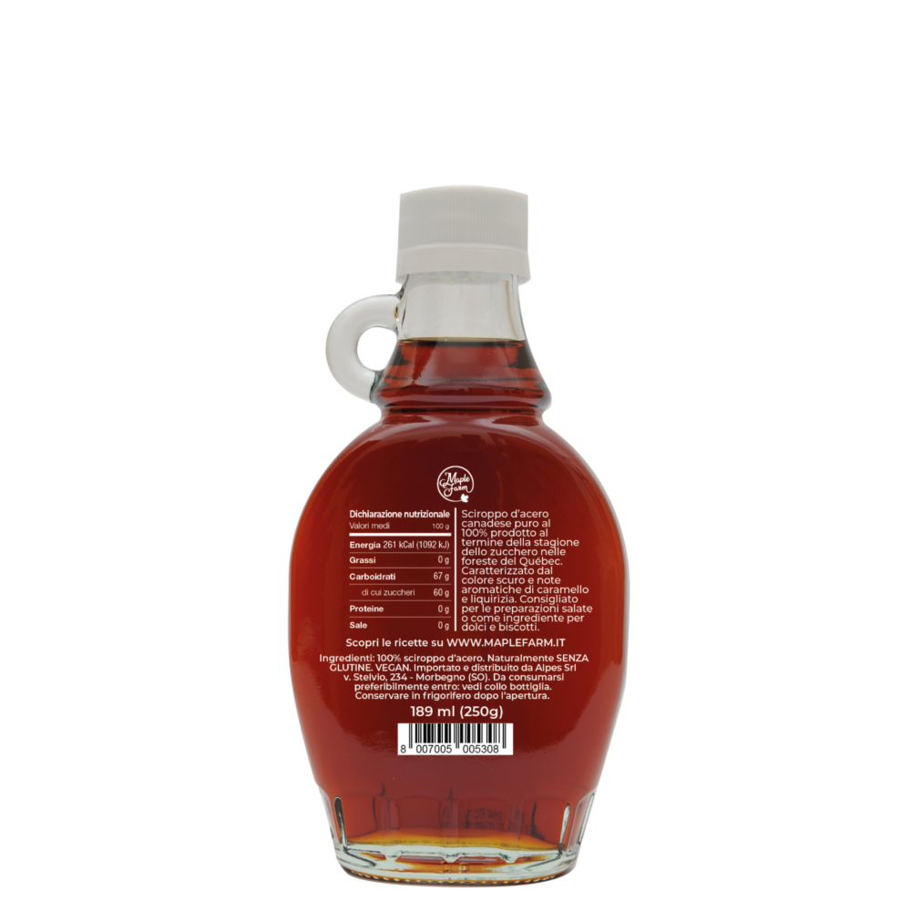 Puro Sciroppo d'acero - Grade A - Very Dark Color- Strong taste - Bottiglia da 189ml (250g) - immagine 2