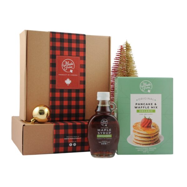 Confezione regalo XMAS FIR - Bottiglia di sciroppo d'acero biologico e preparato biologico per pancake e waffle