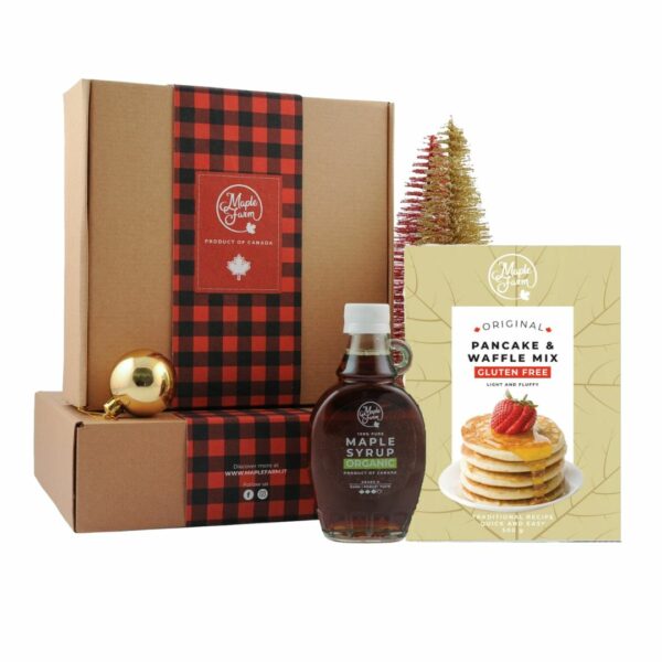Confezione regalo GLUTEN FREE – Bottiglia di sciroppo d’acero biologico e preparato biologico per pancake e waffle SENZA GLUTINE